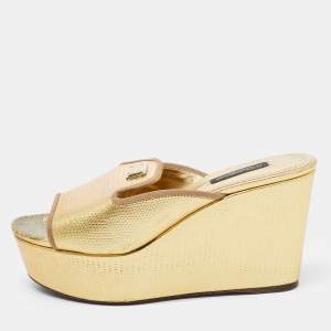 Dolce & Gabbana Gold Lizard Embossed Leather Wedge Platform Slide Sandals Size 36.5