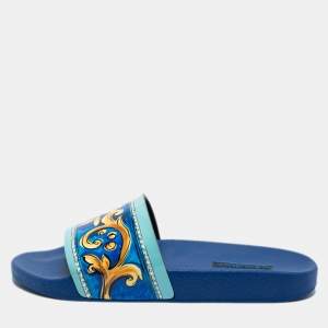 Dolce & Gabbana Tricolor Majolica Print Patent Leather Slides Size 39
