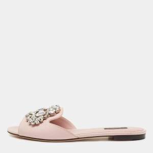 Dolce & Gabbana Pink Embossed Lizard Leather Crystal Embellished Flat Slides Size 40