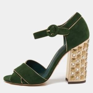 Dolce & Gabbana Green Suede Crystal Embellished Block Heel Sandals Size 38