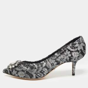 Pre Owned Dolce & Gabbana Grey/Black Lace Crystal Embellished Bellucci Pumps Size 41