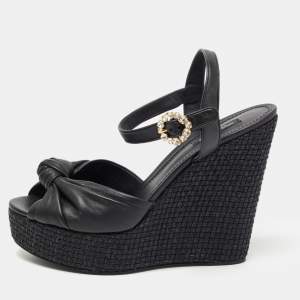Pre Owned Dolce & Gabbana Black Leather Raffia  Wedge Sandals Size 41