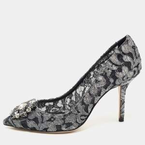 Dolce & Gabbana Metallic Grey/Black Lace Bellucci Pointed Toe Pumps Size 38
