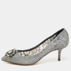 Pre Owned Dolce & Gabbana Grey Lace and Mesh Bellucci Crystal Embellished Pumps Size 40.5