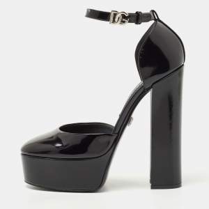 Pre Owned Dolce & Gabbana Black Patent Leather Logo Plaque Platfrom Pumps Size 39.5