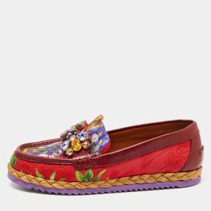 Dolce & Gabbana Burgundy Brocade Fabric and Leather Crystal Embellished Loafers Size 38.5