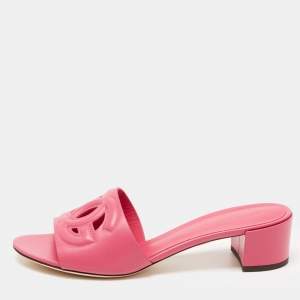 Pre Owned Dolce & Gabbana Pink Leather DG Logo Cutout Slide Sandals Size 40