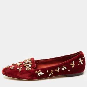 Dolce & Gabbana Burgundy Velvet Crystal Embellished Loafers Size 40