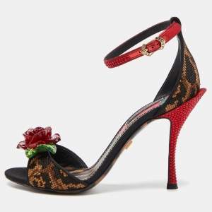 Pre Owned Dolce & Gabbana Beige/Black Leopard Print Canvas and Satin Rose Applique Ankle Strap Sandals Size 35