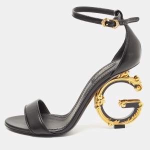 Pre Owned Dolce & Gabbana Black Leather Keira DG Heel Ankle Strap Sandals Size 38.5