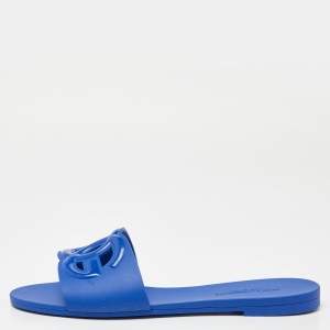 Pre Owned Dolce & Gabbana Blue Jelly DG Cut Out Logo Flat Slides Size 41