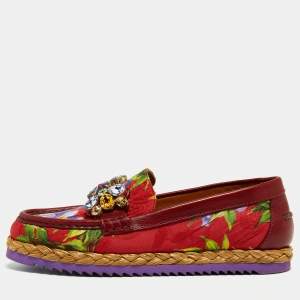 Dolce & Gabbana Multicolor Brocade Fabric and Leather Crystal Embellished Loafers Size 38