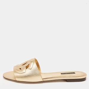 Pre Owned Dolce & Gabbana Gold Foil Leather DG Millennials Flat Slides Size 38