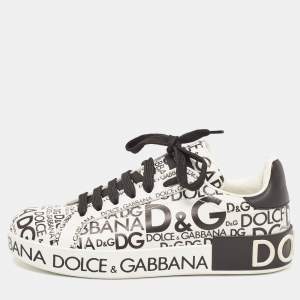 Pre Owned Dolce & Gabbana White/Black Leather Logo Print Portofino Low Top Sneakers Size 37.5