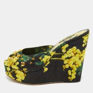 Dolce & Gabbana Tricolor Printed Canvas Crystal Embellished Wedge Slide Sandals Size 38.5