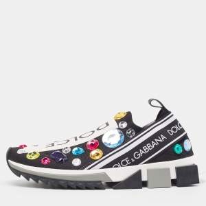 Dolce & Gabbana Black/White Knit Fabric Crystal Embellished Sorrento Sneakers Size 40