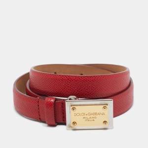 Pre Owned Dolce & Gabbana Red Leather Logo Plaque Slim Belt 85 CM