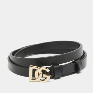 Dolce & Gabbana Black Leather DG Logo Slim Belt 70 CM
