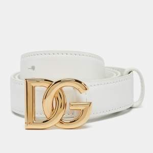 Pre Owned Dolce & Gabbana White Leather DG Logo Slim Belt 70CM