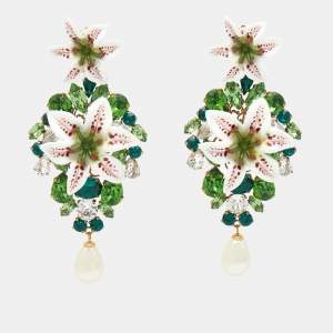Pre Owned Dolce & Gabbana  Crystal Faux Pearl Resin Lily Gold Tone Earrings