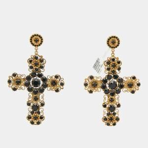 Pre Owned Dolce & Gabbana  Cross Crystal Embellished Gold Tone Earrings