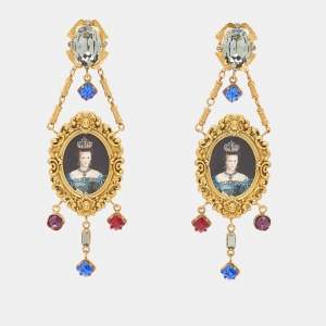 Pre Owned Dolce & Gabbana Composite Painting Crystals Gold Tone Earrings