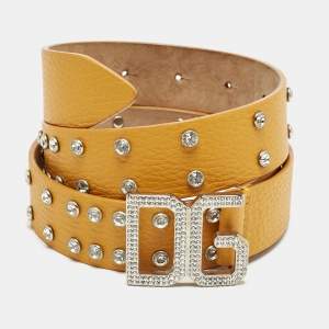 Dolce & Gabbana Orange Leather Crystals Embellished Logo Buckle Belt 80CM