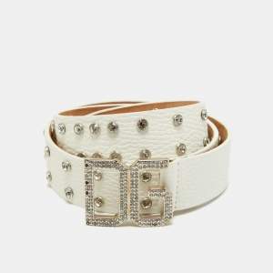 Dolce & Gabbana White Leather Crystals Embellished Logo Buckle Belt 85CM
