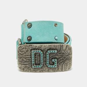 Dolce and Gabbana Turquoise Suede Studded DG Logo Plague Belt 80CM