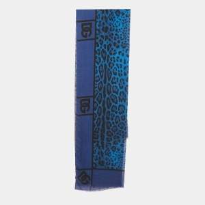 Dolce & Gabbana Blue Leopard Print Wool Blend Scarf 