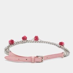Dolce & Gabbana Pink Iguana Leather Rose Embellished Chain Waist Belt 65CM