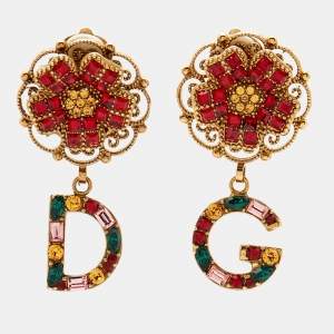Pre Owned Dolce & Gabbana Logo Crystals Gold Tone Earrings
