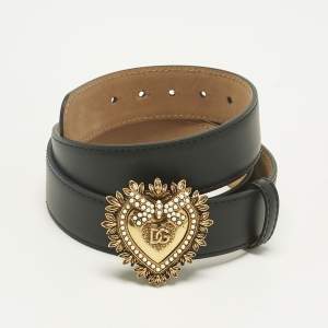 Pre Owned Dolce & Gabbana Black Leather Devotion Heart Buckle Belt 85CM
