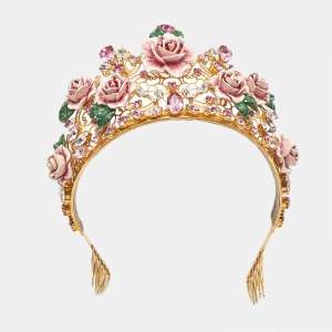 Pre Owned Dolce and Gabbana Floral Crystal Embedded Gold Tone Tiara