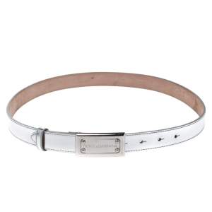 Pre Owned Dolce & Gabbana Metallic Silver Leather Logo Plaque Belt 85CM