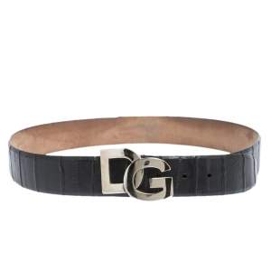 Pre Owned Dolce & Gabbana Black Leather Logo Buckle Belt 95CM