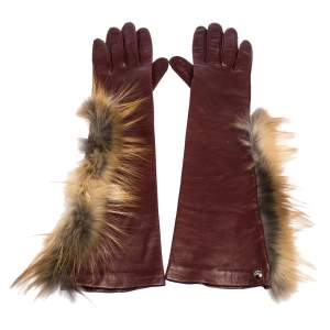 Pre Owned Fendi Maroon Fox Fur and Leather Long Gloves 