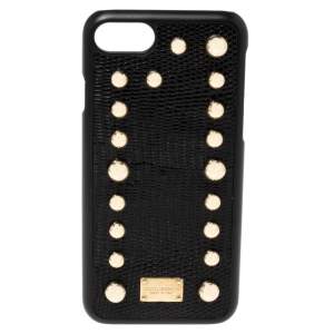 Pre Owned Dolce & Gabbana Black Lizard Embossed Leather Studded iPhone 7 Cover
