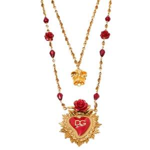 Dolce & Gabbana Red Enamel Sacred Heart Double Strand Necklace