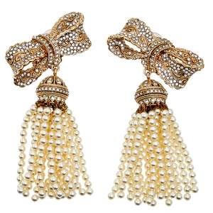 Dolce & Gabbana Gold Tone Crystal Bow Beaded Tassel Earrings