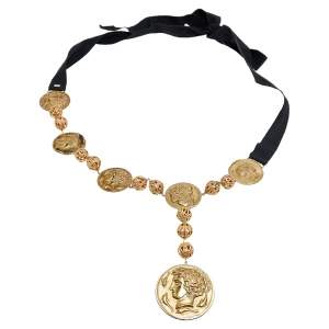 Dolce & Gabbana Gold Tone Coin Medallion Ribbon Necklace