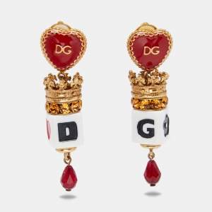 Dolce & Gabbana Red Logo Heart Dice Drop Earrings