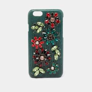 Pre Owned Dolce & Gabbana Green Lizard Embossed Leather Crystal Embellished  iPhone 6 Case
