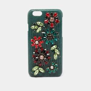 Dolce & Gabbana Green Lizard Embossed Leather Crystal Embellished  iPhone 6 Case