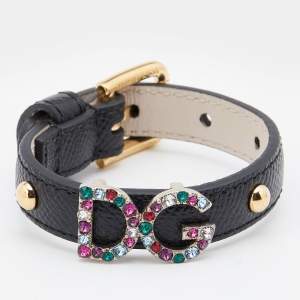 Pre Owned Dolce & Gabbana Crystal DG Logo Black Leather Bracelet M