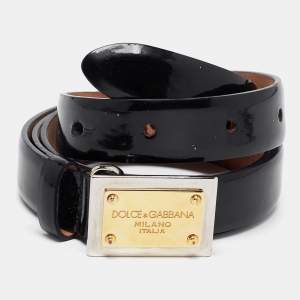 Pre Owned Dolce & Gabbana Black Glossy Leather Logo Plague Belt 85CM