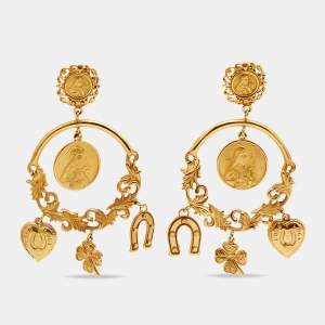 Dolce & Gabbana Gold Tone Votive Image Charm Drop Earrings