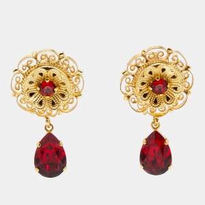 Pre Owned Dolce & Gabbana Gold Tone Red Crystal Drop Clip-On Earrings