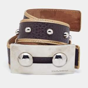 Pre Owned Dolce & Gabbana Dark Brown/Gold Leather Studded Plague Buckle Belt 85CM