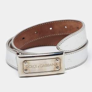 Dolce & Gabbana Silver Patent Leather Logo Plague Belt 